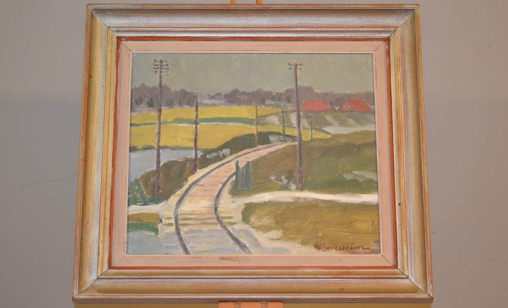 HJALMAR LUNDSTRÖM. Olja på duk, "Järnväg genom landskap", signerad Hj. Lundström.