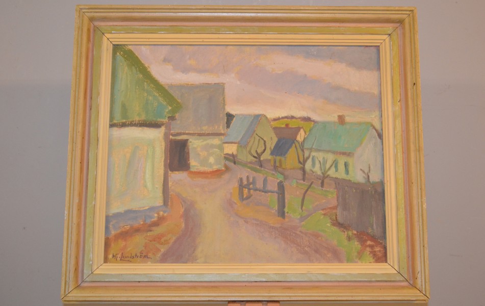 HJALMAR LUNDSTRÖM. Olja på duk, "Bymotiv", signerad Hj. Lundström.