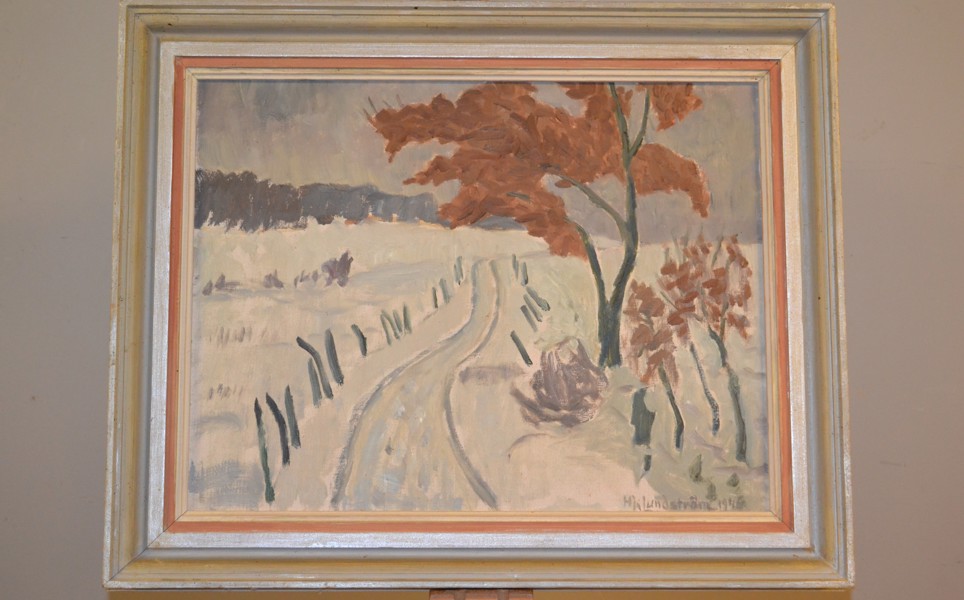 HJALMAR LUNDSTRÖM. Olja på duk, "Vinterlandskap", signerad Hj. Lundström & daterad 1946.