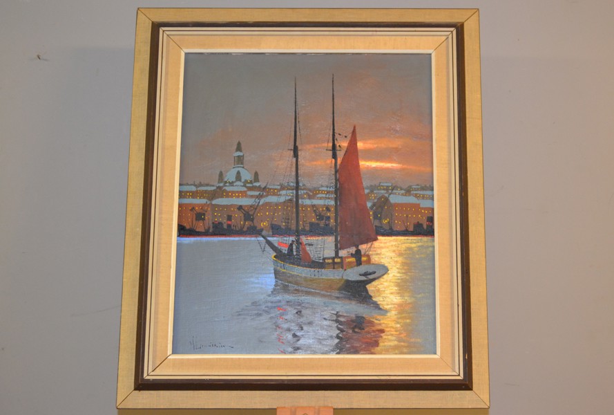 NILS LUNDSTRÖM. Olja på duk, "Göteborgs hamn", signerad N. Lundström.