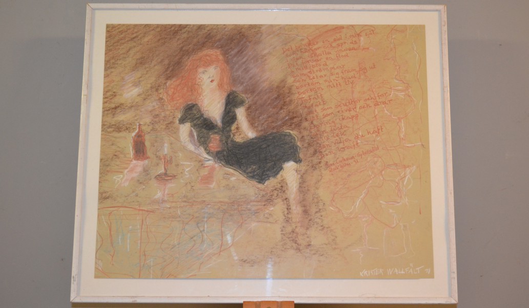 KRISTER WALLFÄLT. Pastell på papper, Krog Dam, dikt, signerad & daterad -91.