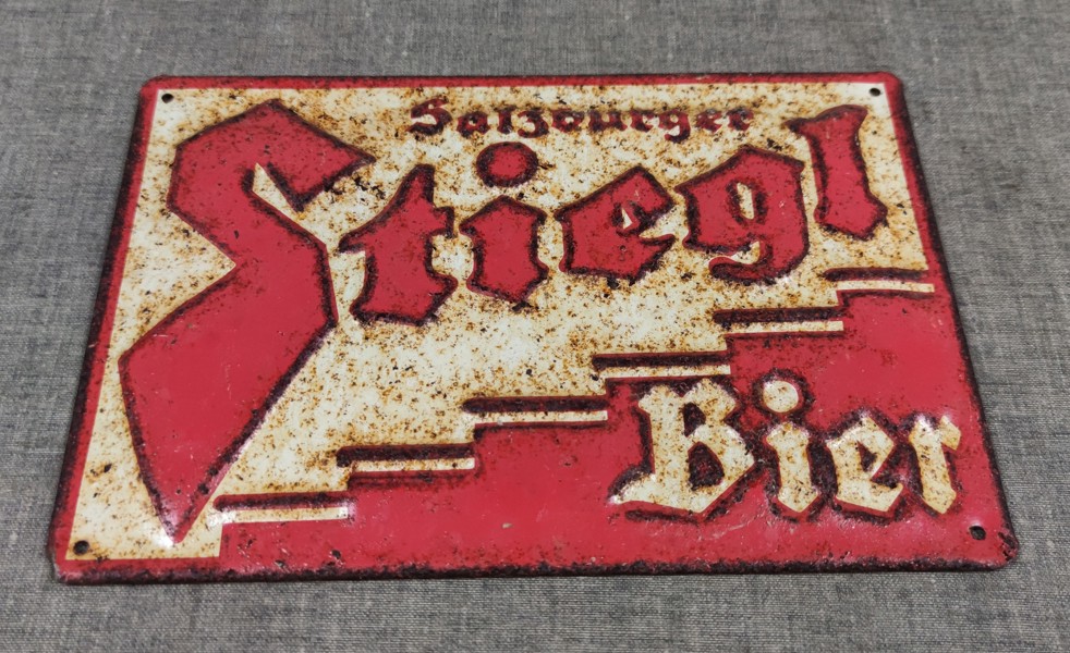 Reklamskylt, Metall, Salzburger Stiegl Bier, Österrike.