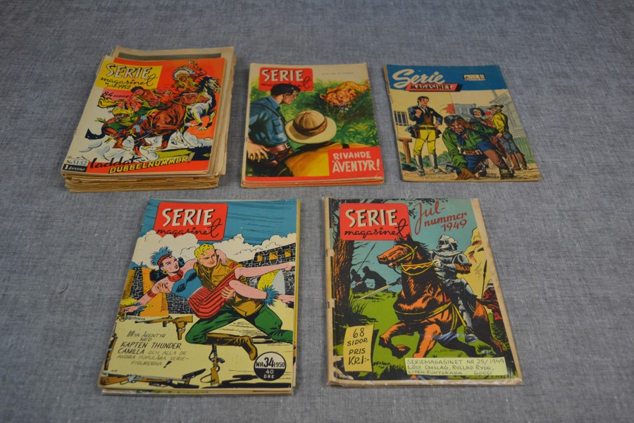 SERIEMAGASINET. Nr: 25 1949, nr: 3, 5, 33, 34 1950, nr: 6, 8, 10, 16, 18, 20, 28, 33, 43, 50, 51-52 1952, nr: 15, 31, 49 1955 & nr: 34 1957.