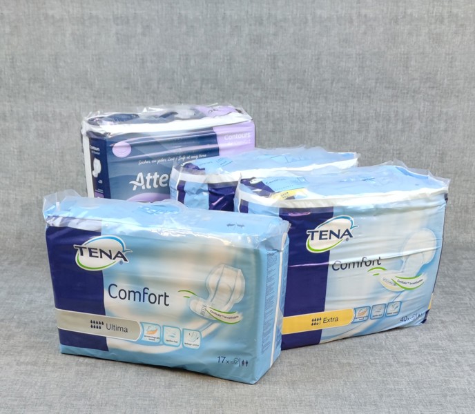 2 FP Tena. Comfort EXTRA & 1 Fp tena comfort ultina & 1 Attends contours Air Comfort.