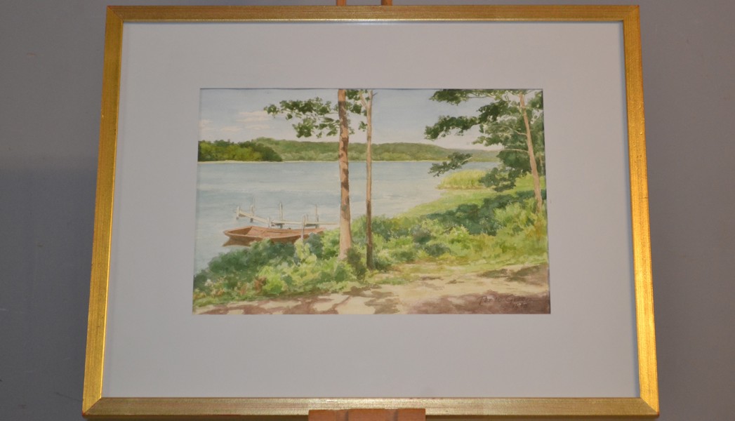 PER W GREEN. Akvarell, "Tallar vid insjö, Lövekulle", signerad & daterad 1985.