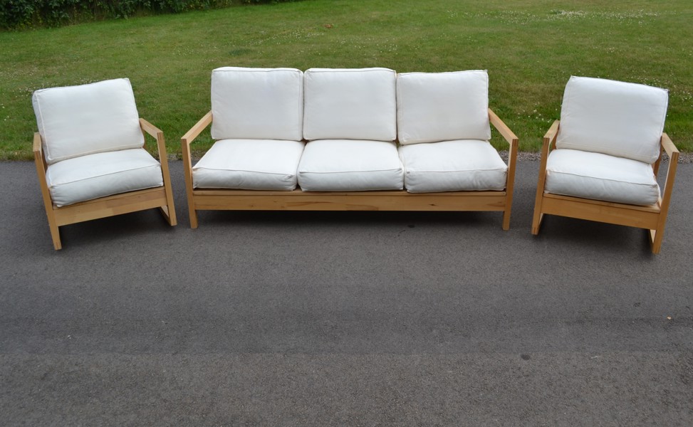 NIKE KARLSSON. Soffa 3-sits & 2 fåtöljer, "Lillberg", björk, IKEA,