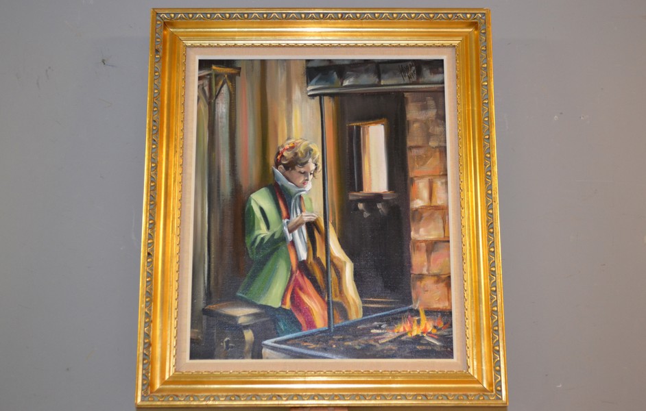 HARALD MYKLE. Olja på duk, "Vid brasan", signerad.