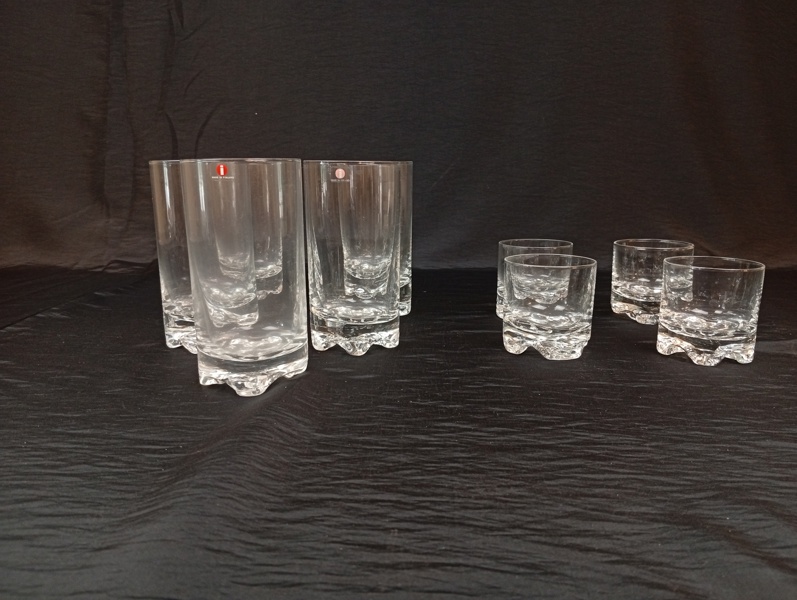 TAPIO WIRKKALA. 5 Grogg & 4 Whiskyglas, "Gaissa", Iittala.