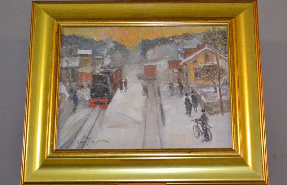OVE PERSSON. Olja på duk, "Byholma station", signerad.