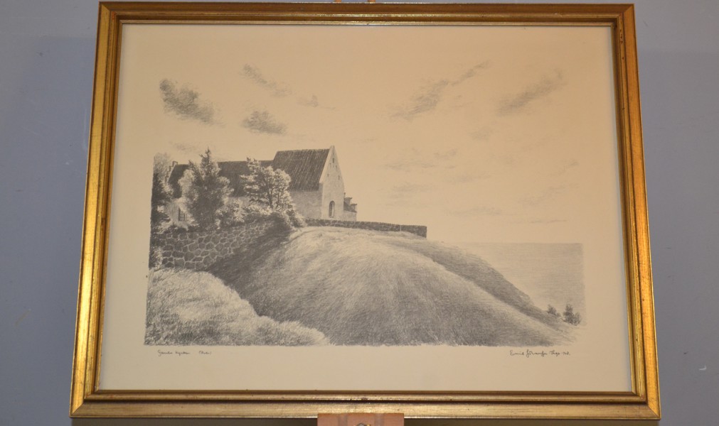 EMIL JOHANSSON THOR. Teckning, blyert, "Gamla kyrkan Hven", signerad & daterad 1948.