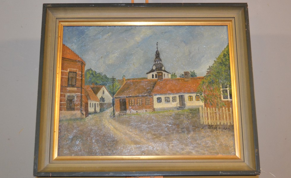 OIDENTIFIERAD KONSTNÄR. Olja på pannå, "Laholmsmotiv", signerad.