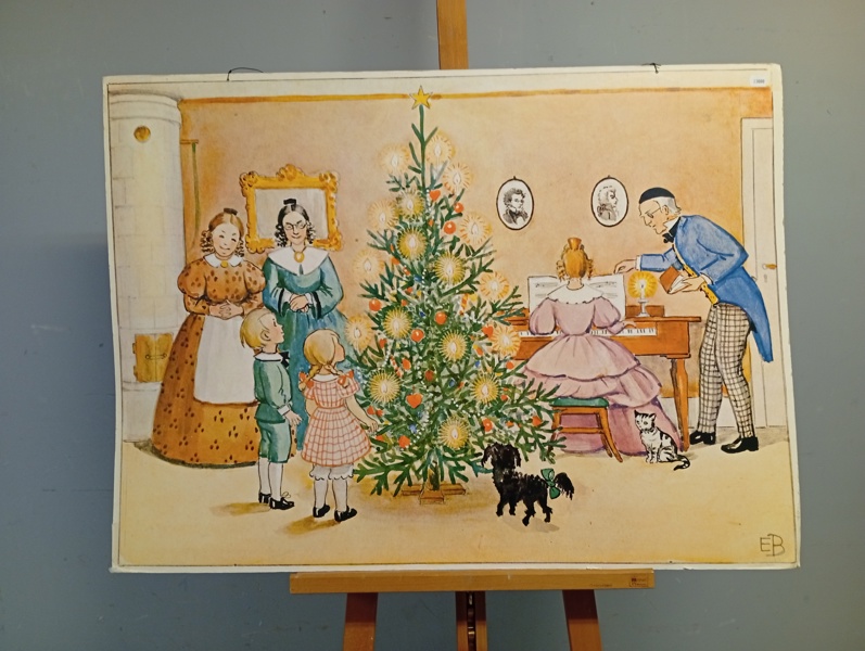 ELSA BESKOV. Dubbelsidig Plansch på kraftigare papp, "Petter & Lottas första jul hemma hos tanterna"