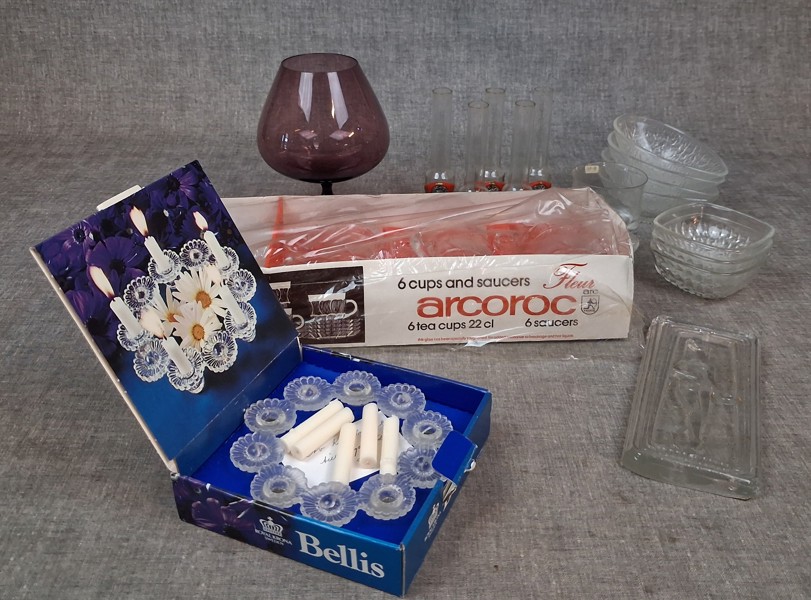 6 Koppar & fat. Fleur. Arcoroc & Bellis, Royal Krona m.m.