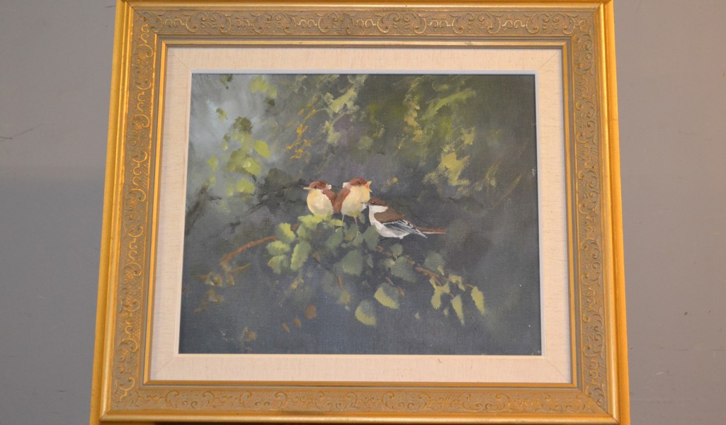 TORBJÖRN MARTINSSON. Olja på duk, "Flygsnappare med ungar", signerad.