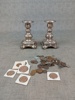 2 Ljusstakar, Barock-stil, Nysilver & diverse mynt.