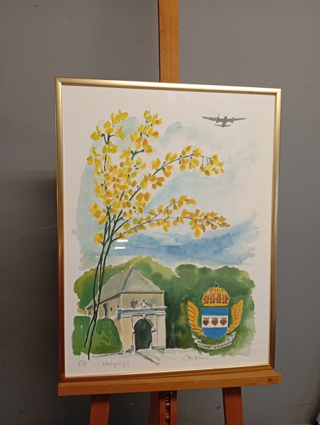 OIDENTIFIERAD KONSTNÄR. Litografi, Flygvapens Halmstadsskolor, signerad.