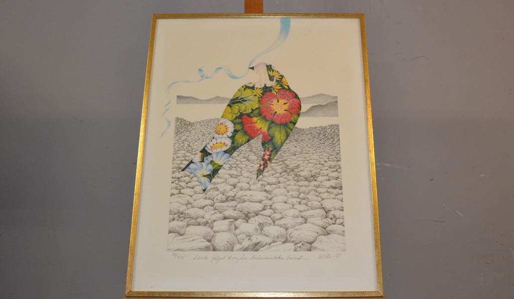 ANNIKA WIDE. Färglitografi, "Livets fågel knyter himmelska band", signerad, daterad -77 & numrerad 94/315.