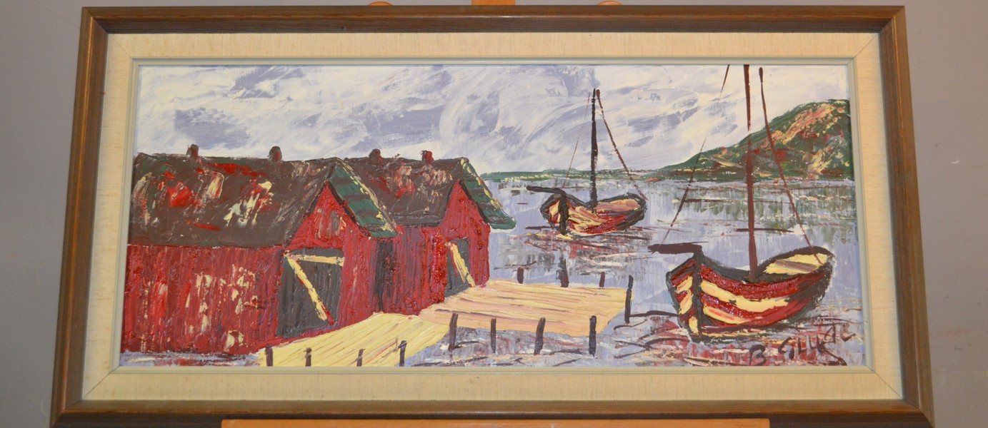 BRITTA GRUDE. Olja på duk, "Båtbrygga", signerad.