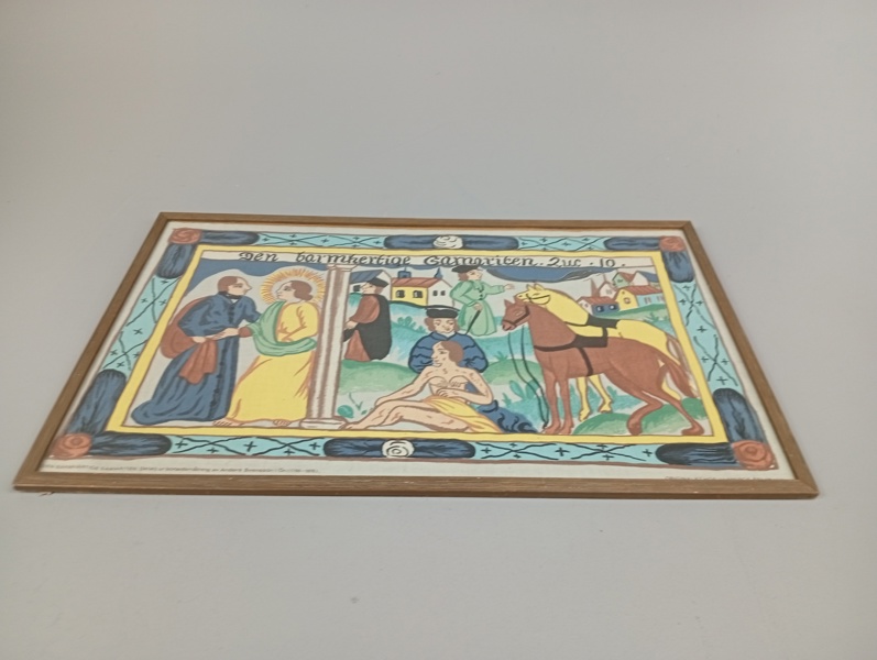 Den barmhärtige samariten. Textil detalj ur bonads målning. Andreas svensson i ön (1796-1876) 