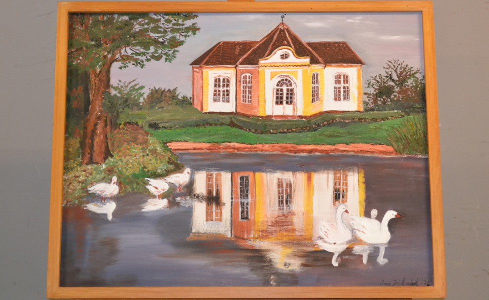 IRIS JOCKNICK. Olja på duk, "Lusthus vid sjö", signerad & daterad -76.