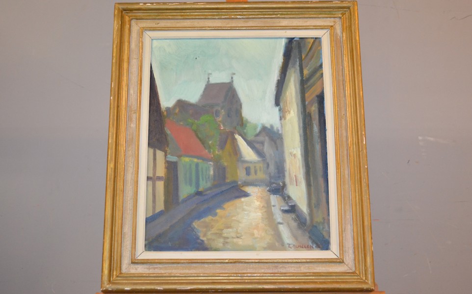 ERIC ALMGREN. Olja på duk, "Gatumotiv", signerad & daterad -55.