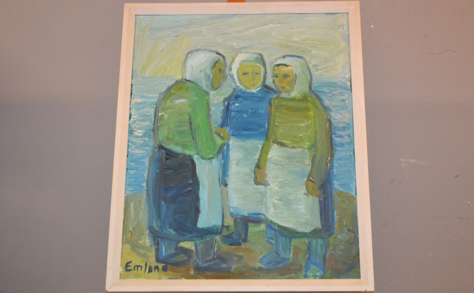 EINAR EMBLAD. Olja på duk, "Pratstund", signerad.