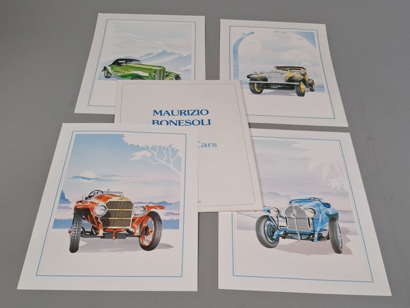 MAURIZIO BONESOLI. 4 Tryck, "Vintage Cars", Tryckt i Italien, Oramade.