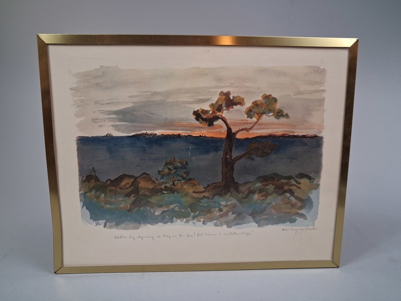 Astri Bergman- Taube. Fördöme dig skymning och drag nu kos! De brinner i martallens topp, Färglitografi, signerad.