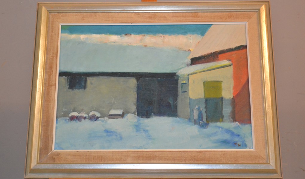 TAGE NILSSON. Olja på pannå, "Vinter Mossgården", signerad TN.