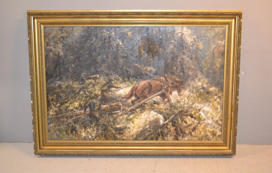 GEORG STOOPENDAHL. Stor olja på duk, "Timmerdragare", signerad & daterad -43.