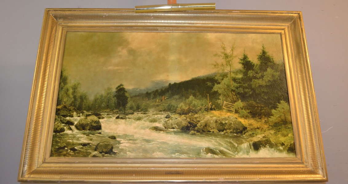 GEORG ANTON RASMUSSEN. Oljetryck efter "Fjällforsen", signerad i tryck.