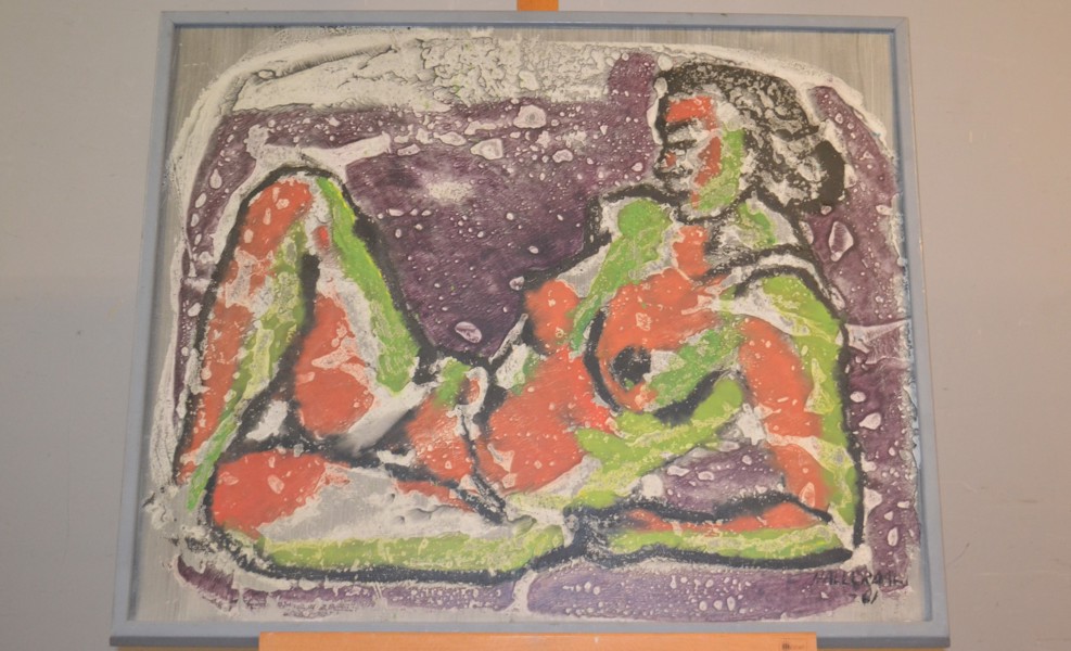 GUNNAR HALLERDAL. Blandteknik på pannå, "Kvinna", signerad & daterad -61