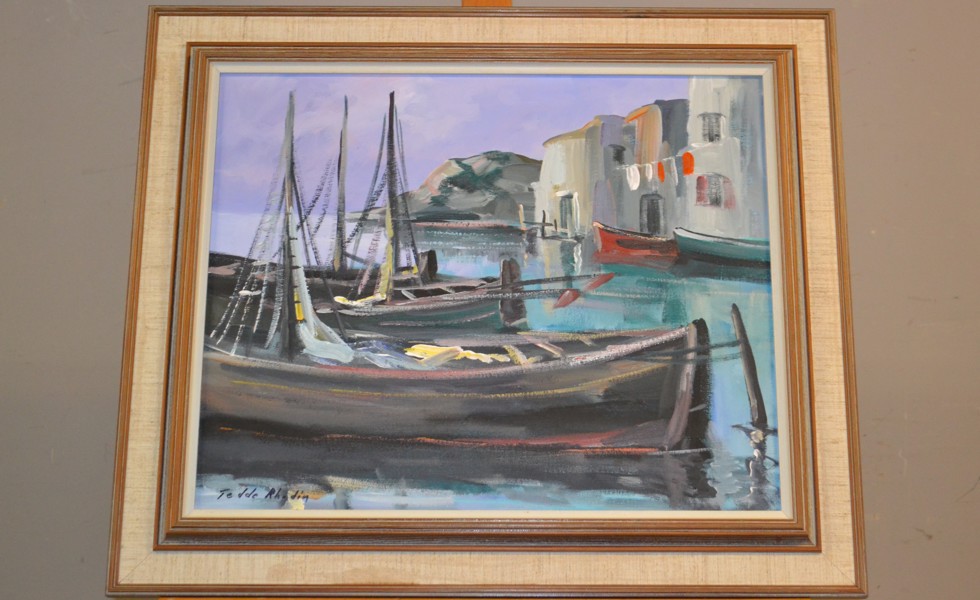 TEDDE RHODIN. Olja på duk, "Båthamn", signerad.