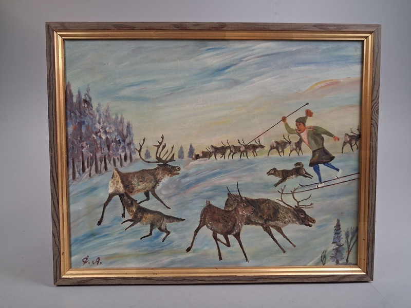 Olja på pannå. Oidentifierad konstnär. Samiskt motiv.