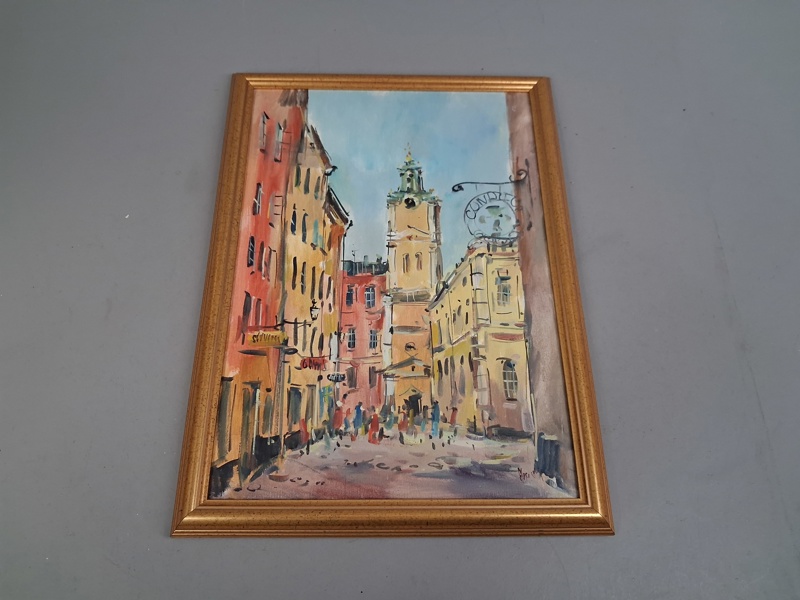 OIDENTIFIERAD KONSTNÄR. Olja på duk, "Storkyrkan i gamla stan". otydlig signatur.