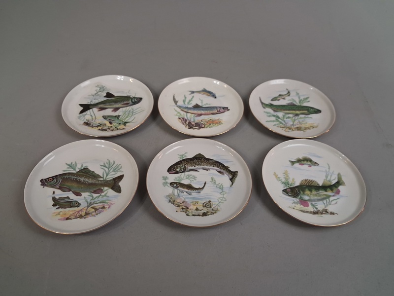 6 Assietter/förrättstallrikar. Colditz. Tyskland. Fiskmotiv.