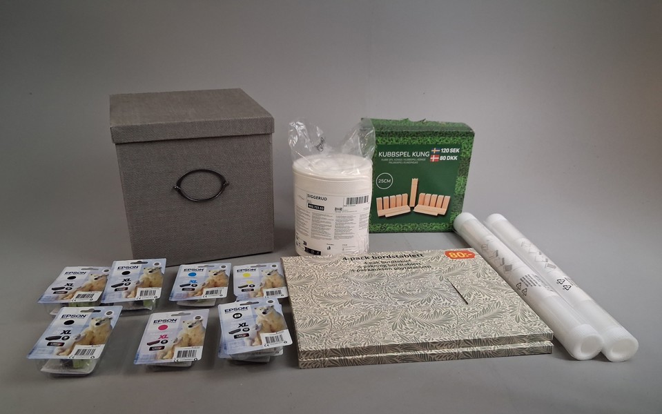 Diverse. Bl.a Kubb, Siggerud IKEA, Färg Epson, Lådmattor & bordstabletter. Obrutna förpackningar.