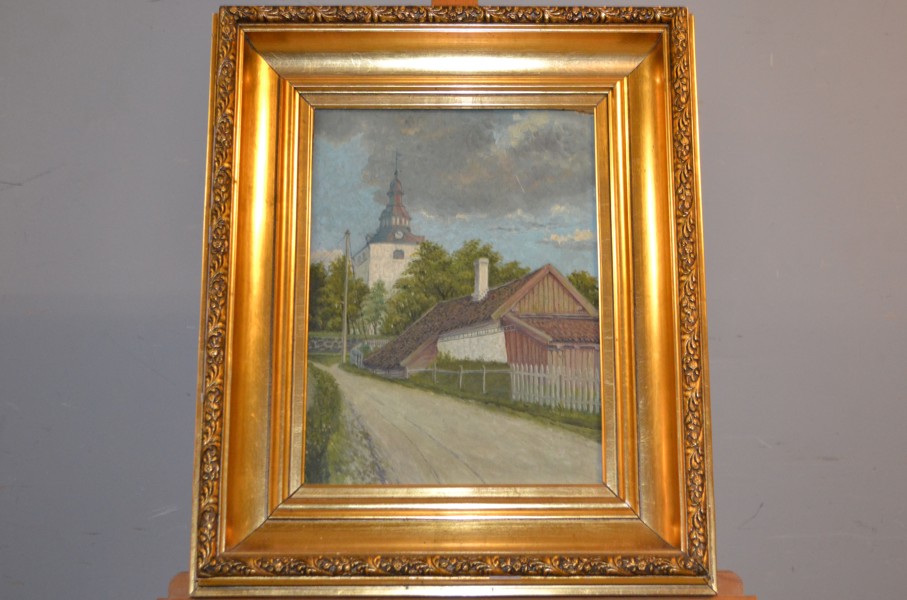 OIDENTIFIERAD KONSTNÄR. Olja på duk, "Motiv från Laholm", otydlig signatur.