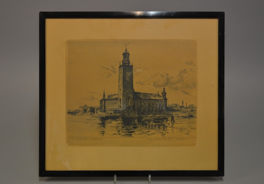 ERNST HÄLLGREN. Originaletsning, "Stadshuset Stockholm", signerad.