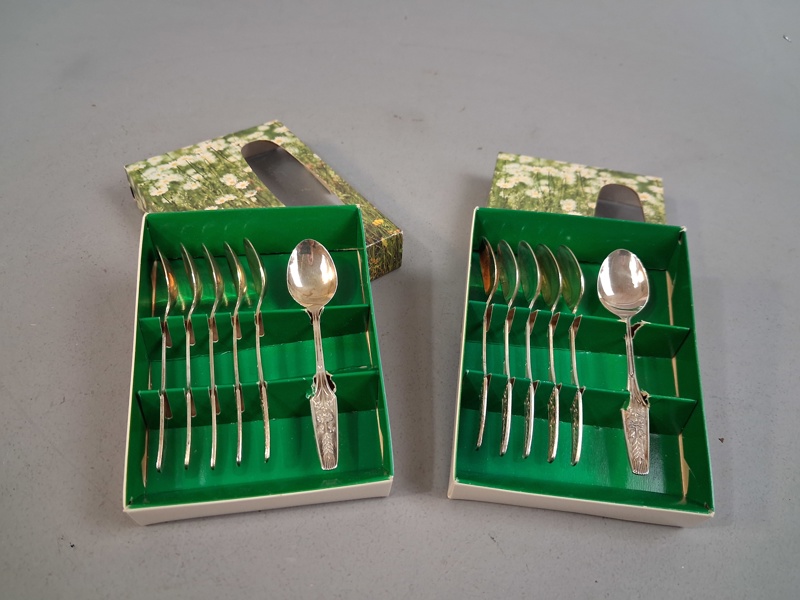 VERA FERNGREN. 12 Kaffeskedar, "Sommaräng", GAB Gense, Nysilver.