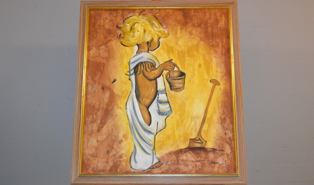 JÖRGEN BRUUN. Olja på duk, "flicka med spann", signerad.