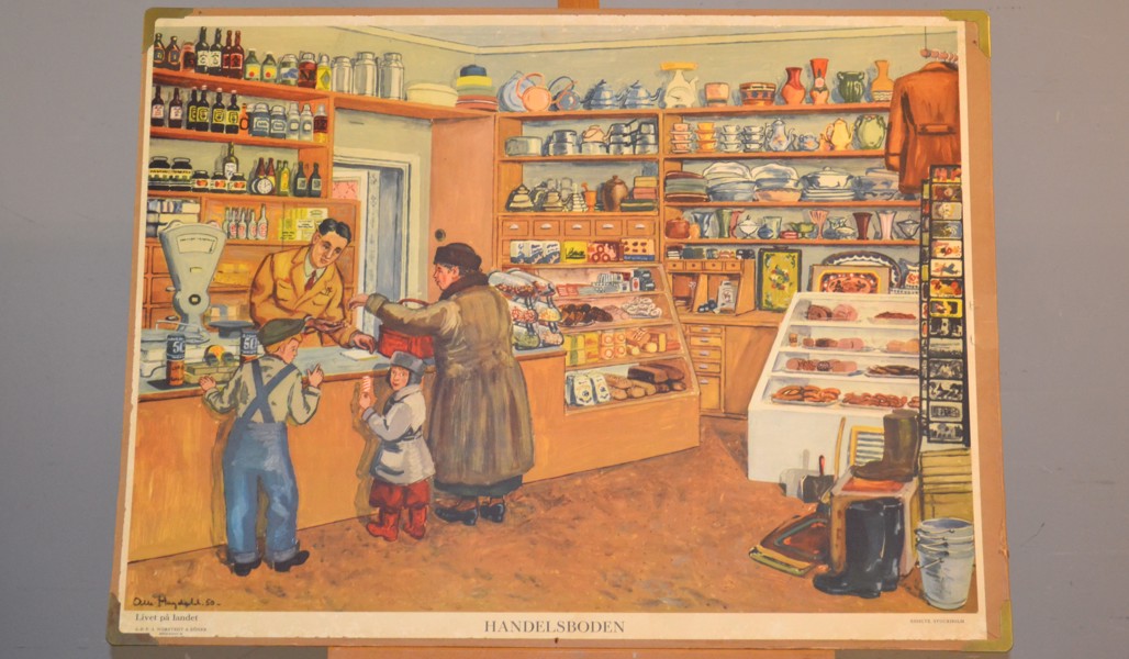 Skolplansch. "Handelsboden", efter Olle Hagdahl, Norstedt & Söner, Stockholm, 1950-talet.