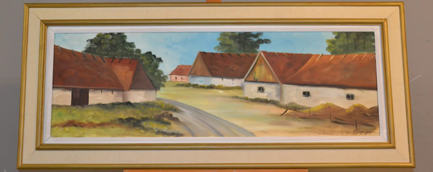 HARTVIG JARLHOV. Olja på duk, "Skånsk Lantgård", signerad.