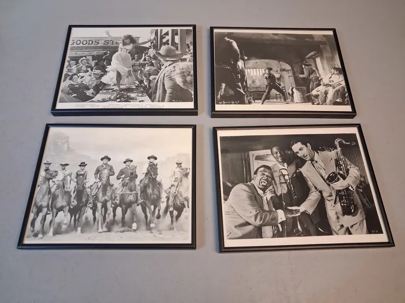 4 Inramade bilder. Bl.a från filmen MCLintock For a few dollars More, 7 vågade livet & Jazz legender.
