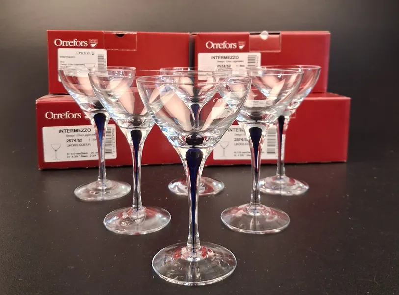 ERIKA LAGERBIELKE. 6 Likörglas, "Intermezzo", Orrefors, 6 originallådor.