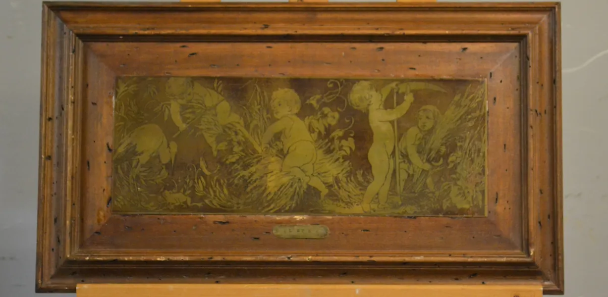 Tavla/väggdekoration. Mässing & trä, motiv LÉTE (Sommaren), Frankrike, 1900-talet.