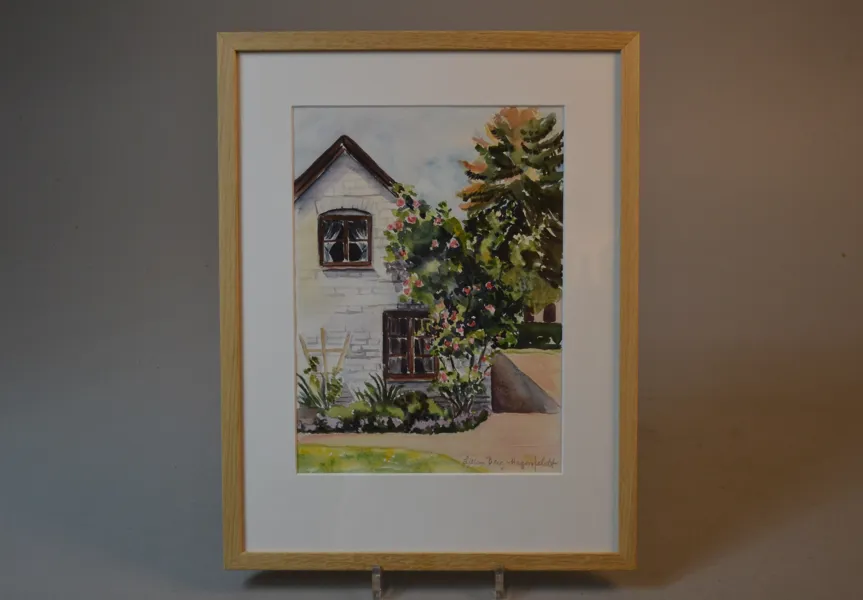 LILLAN BERG-HAGENFELDT. Akvarell, "Hus med rosor", signerad.