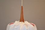 Taklampa. Teak, textil & glas, 1950/60-talet.