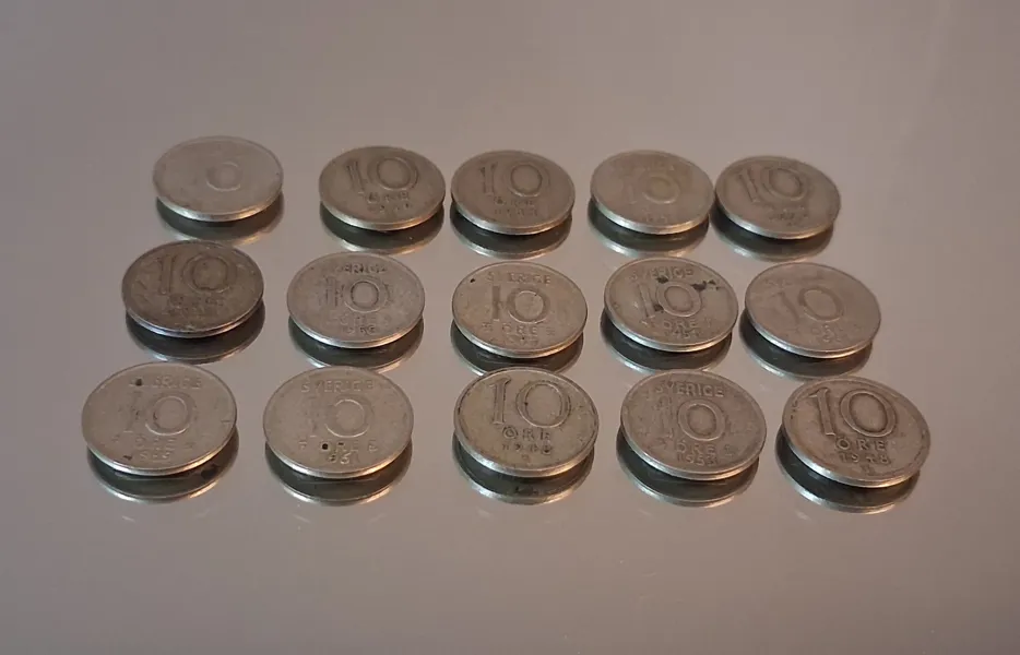 15 stycken 10 öringar, silver, 1944-1961.