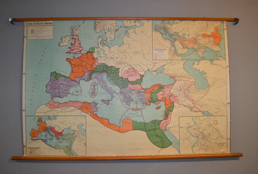 Äldre skolplansch. Romarrikets expansion & provinser, 1900-talet.